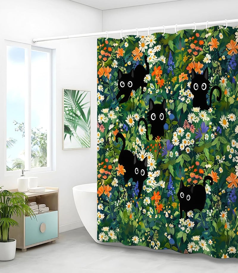Stanoha Shower Curtain for Bathroom Stall Boho Modern Cute Aesthetic Decorative Girly Waterproof Unique Cats Flowers Girls Chic Print Design Teen Pretty Women Cortinas de Baño Bathtub 72 x72 Inch - Image 4